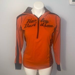 Harley Davidson ladies 1/4 zip pullover hoodie. Size large. Orange and blacks